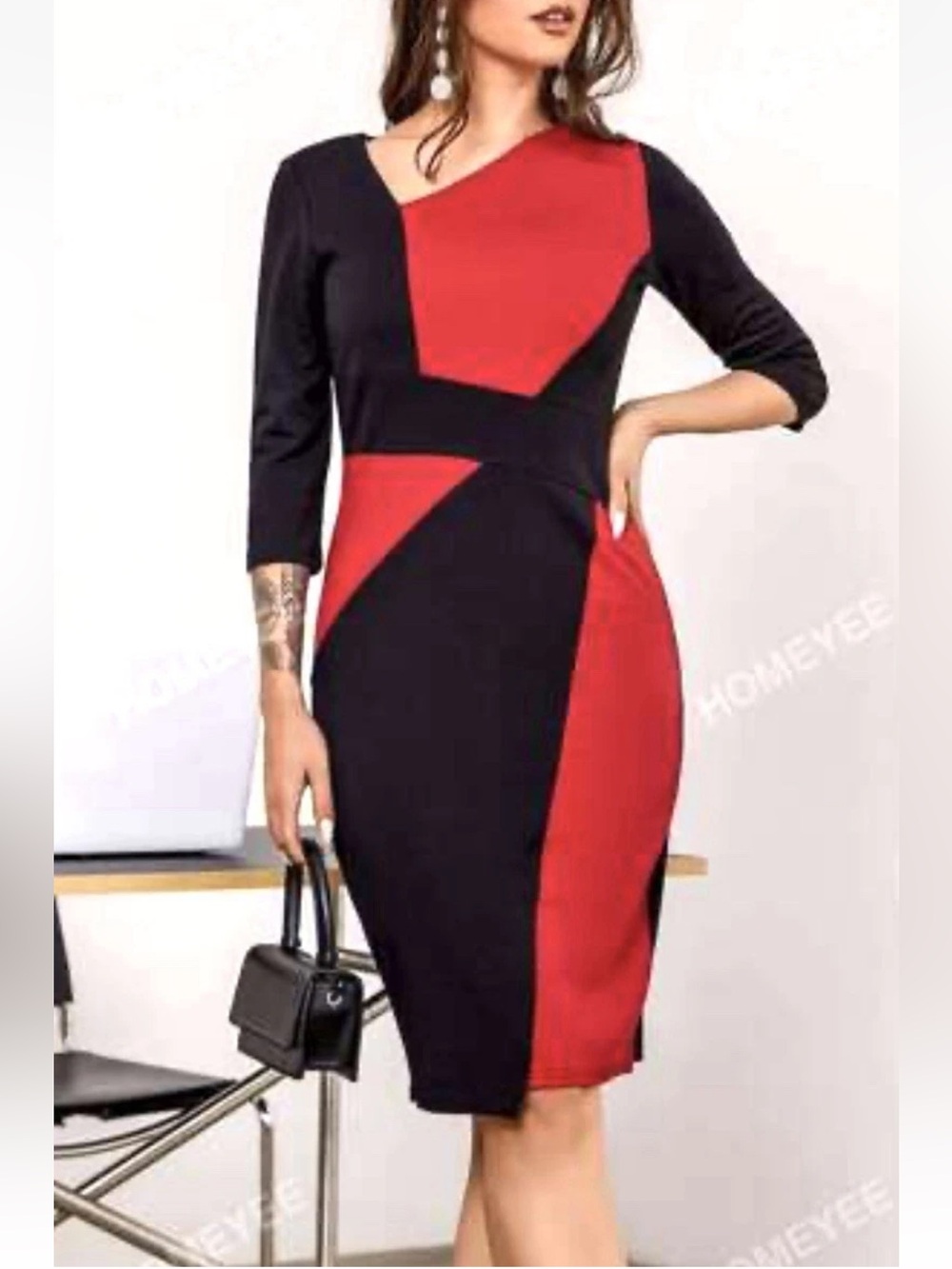 HOMEYEE Size 12 Sheath Dress Colorblock Red/Black Body Con Slimming LIKE NU